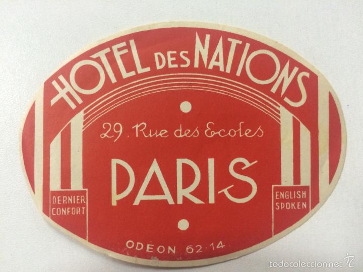 Etiquetas antiguas: ANTIGUA ETIQUETA HOTEL DES NATIONS, PARIS FRANCIA, LUGGAGE LABEL, MEDIDAS 11,5 X 8,5 CM