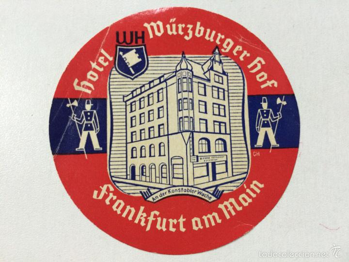 Etiquetas antiguas: ETIQUETA HOTEL WURZBUGER HOF, FRANKFURT AM MAIN, ALEMANIA, LUGGAGE LABEL.MEDIDAS 9,5 CM DE DIAMETRO.