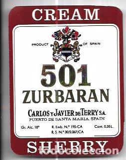 Alte Etiketten: ETIQUETA DE CREAM SHERRY 501 ZURBARAN. CARLOS Y JAVIER DE TERRY. PUERTO DE SANTA MARIA.