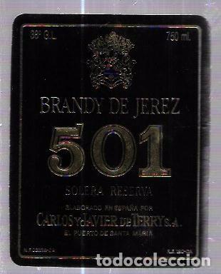 Alte Etiketten: ETIQUETA DE BRANDY DE JEREZ 501. SOLERA RESERVA. CARLOS Y JAVIER DE TERRY. PUERTO DE SANTA MARIA.