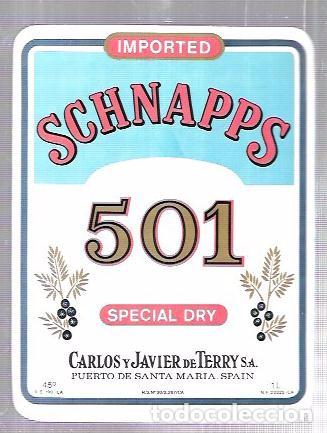 Alte Etiketten: ETIQUETA DE SPECIAL DRY 501. SCHNAPPS. CARLOS Y JAVIER DE TERRY. PUERTO DE SANTA MARIA.
