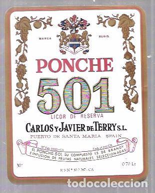 Alte Etiketten: ETIQUETA DE PONCHE 501. LICOR DE RESERVA. CARLOS Y JAVIER DE TERRY. PUERTO DE SANTA MARIA.