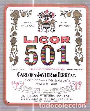 Alte Etiketten: ETIQUETA DE LICOR 501. CARLOS Y JAVIER DE TERRY. PUERTO DE SANTA MARIA.