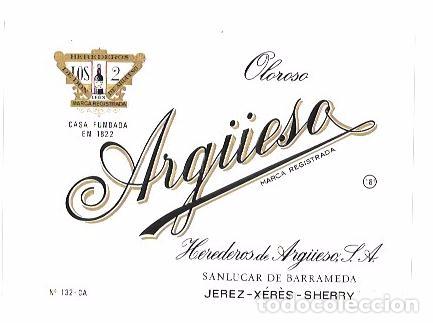 Old Labels: ETIQUETA DE VINO OLOROSO. HEREDEROS DE ARG&Uuml;ESO. SANLUCAR DE BARRAMEDA.