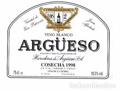 Old Labels: ETIQUETA DE VINO BLANCO. COSECHA 1998. HEREDEROS DE ARG&Uuml;ESO. SANLUCAR DE BARRAMEDA.