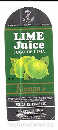 Old Labels: ETIQUETA DE LIME JUICE (JUGO DE LIMA). ALEMAN&acute;S. ALGEZARES - MURCIA.
