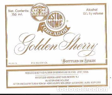 Alte Etiketten: ETIQUETA DE VINO GOLDEN SHERRY. TOREADOR. BODEGAS LAS DELICIAS. JEREZ.