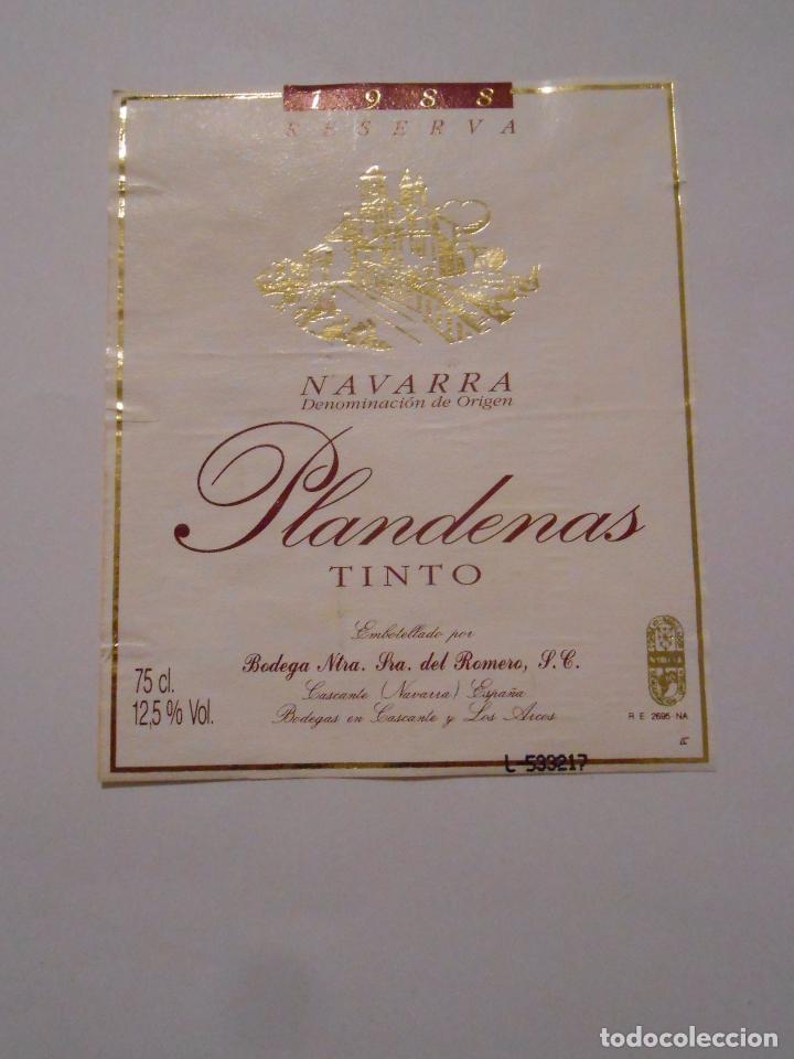 Etiquetas antiguas: ETIQUETA DE VINO PLANDENAS. BODEGA DE NUESTRA SE&Ntilde;ORA DEL ROMERO. NAVARRA. RESERVA 1988. TDKP8