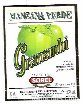 Old Labels: ETIQUETA DE MANZANA VERDE. GRANSMHI. DESTILERIAS SOREL. ARENYS DE MUNT. BARCELONA