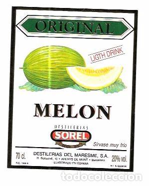 Old Labels: ETIQUETA DE MEL&Oacute;N. ORIGINAL. SOREL.DESTILERIAS DE MERESME. ARENYS DE MUNT. BARCELONA