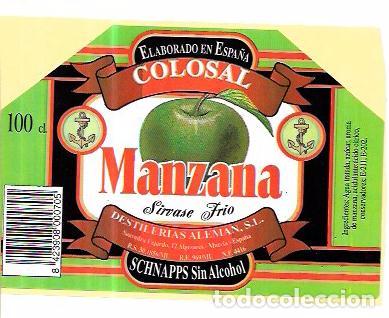 Old Labels: ETIQUETA MANZANA. SCHNAPPS SIN ALCOHOL. COLOSAL. DESTILERIAS ALEM&Aacute;N. ALGEZARES. MURCIA.