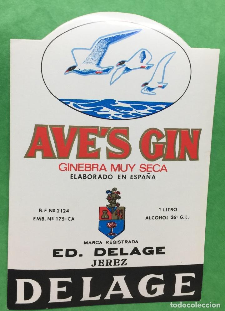 Etiquetas antiguas: Etiqueta Ave's gin - Ginebra muy seca - Delage - Jerez