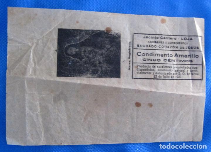 Etiquetas antiguas: ENVOLTORIO CONDIMENTO AMARILLO DE JACINTO CANTERO, LOJA, GRANADA. POSTERIOR A 1926.
