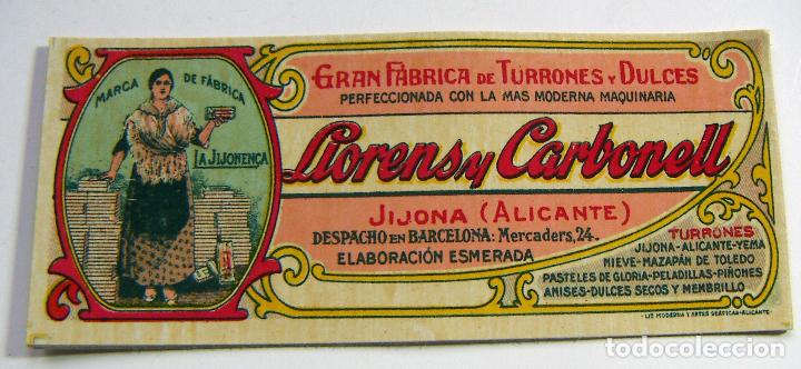 Etiquetas antigas: ANTIGUA ETIQUETA FABRICA DE TURRONES Y DULCES DE LLORENS Y CARBONELL DE JIJONA A&Ntilde;OS 1920-30