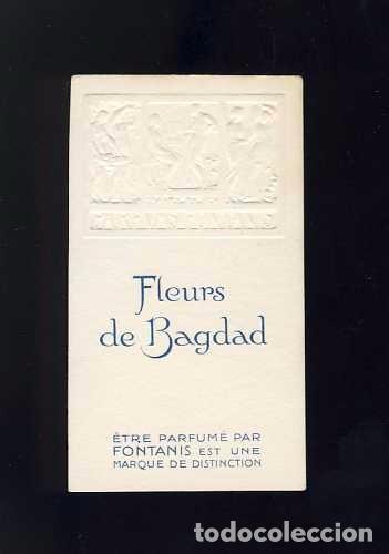 Old Labels: Tarjeta de perfume: FLEURS DE BAGDAD. Parfums Fontanis. Dibujo en relieve