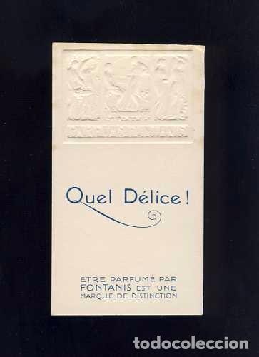 Etiquetas antiguas: Tarjeta de perfume: QUEL DELICE. Parfums Fontanis. Dibujo en relieve