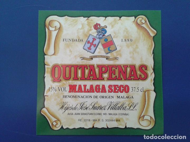 Etiquetas antiguas: ETIQUETA DE VINO MALAGA HIJOS DE JOSE SUAREZ VILLALBA , QUITAPENAS MALAGA SECO