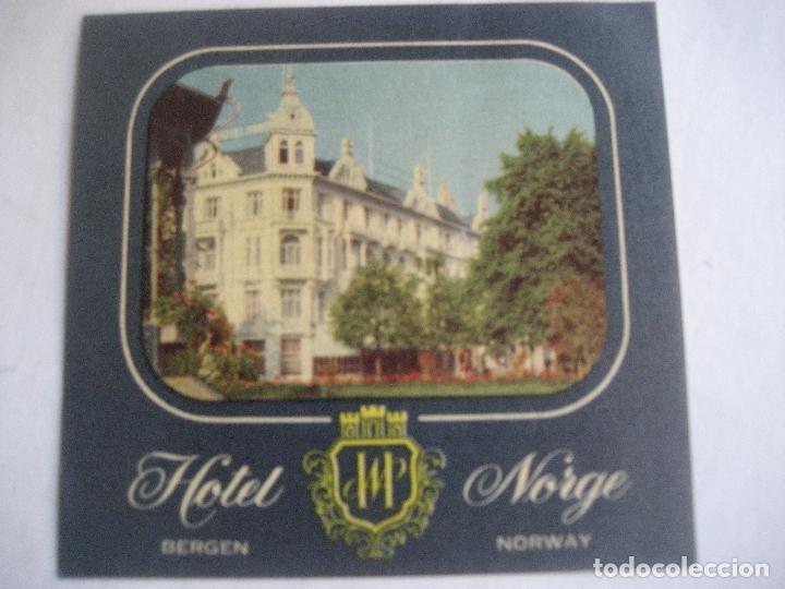 Etiquetas antiguas: Hotel Norge. Bergen. Noruega. 10 x 9 cms.