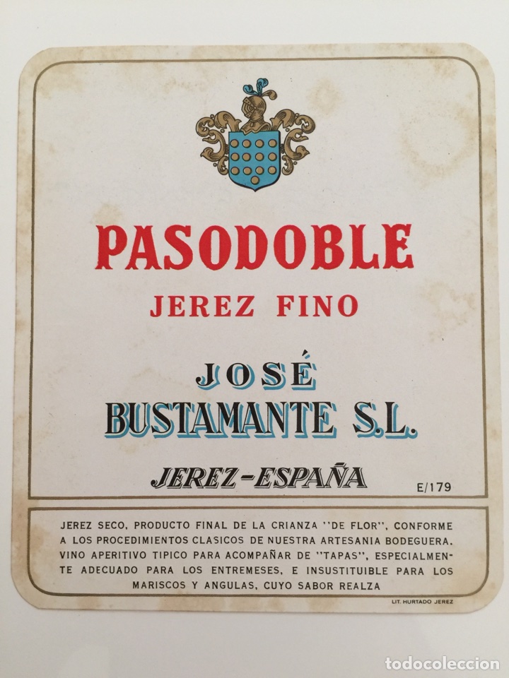 Alte Etiketten: Etiqueta de vino Bustamante - Pasodoble Jerez Fino - Bodegas Jos&eacute; Bustamante - Jerez
