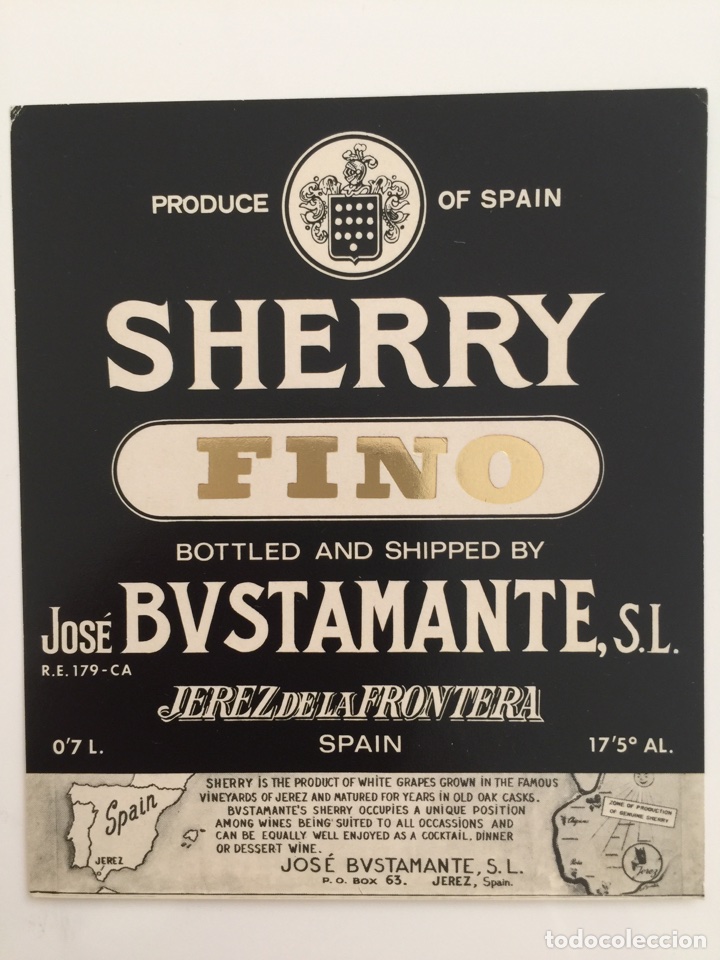Alte Etiketten: Etiqueta de vino Bustamante - Sherry Fino - Bodegas Jos&eacute; Bustamante - Jerez
