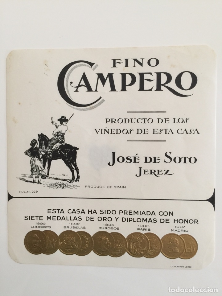 Alte Etiketten: Etiqueta de Vino Jose de Soto - Fino Campero - Bodegas Jos&eacute; De Soto - Jerez X&eacute;r&egrave;s Sherry