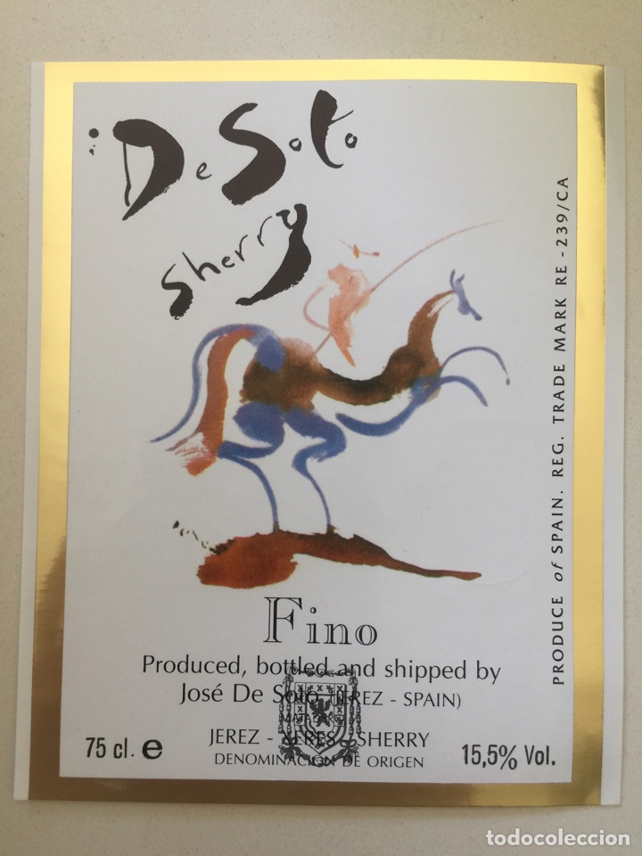 Alte Etiketten: Etiqueta de Vino De Soto Sherry - Fino - Bodegas Jos&eacute; De Soto - Jerez X&eacute;r&egrave;s Sherry