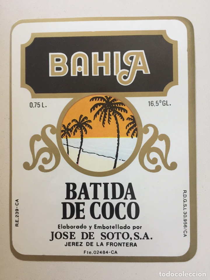 Alte Etiketten: Etiqueta de Licor Batida de Coco De Soto - Bahia - Bodegas Jos&eacute; De Soto - Jerez X&eacute;r&egrave;s Sherry