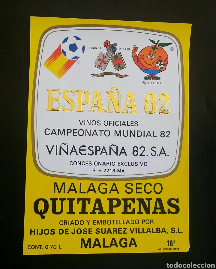 Etiquetas antiguas: Etiqueta vino M&aacute;laga seco quitapenas mundial de f&uacute;tbol Espa&ntilde;a 1982