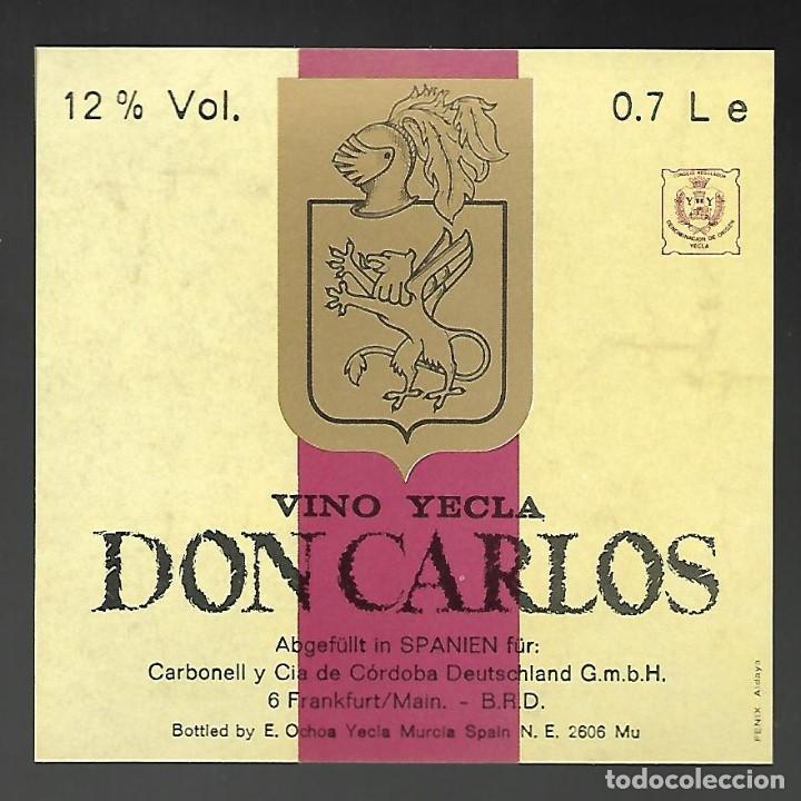 Etiquetas antiguas: ETIQUETA VINO YECLA DON CARLOS, A&Ntilde;OS 80. SIN PEGAR, IMPECABLE.