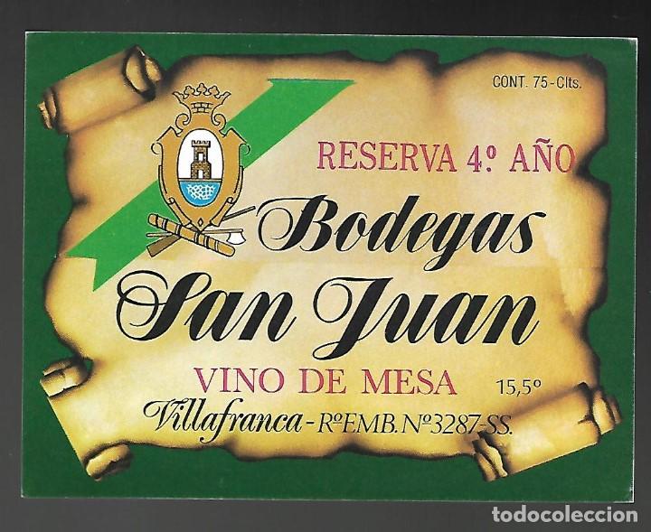 Etiquetas antiguas: ETIQUETA BODEGAS SAN JUAN VINO DE MESA RESERVA 4&ordm; A&Ntilde;O. SIN PEGAR, IMPECABLE. A&Ntilde;OS 80