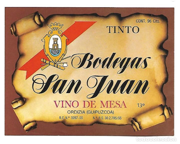Etiquetas antiguas: ETIQUETA MEDIANA VINO DE MESA TINTO BODEGAS SAN JUAN. SIN PEGAR, IMPECABLE. A&Ntilde;OS 80
