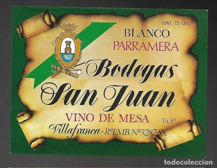 Etiquetas antiguas: ETIQUETA MEDIANA VINO DE MESA BLANCO PARRAMERA BODEGAS SAN JUAN. SIN PEGAR, IMPECABLE. A&Ntilde;OS 80
