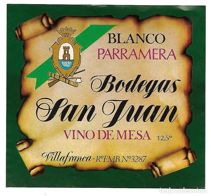 Etiquetas antiguas: ETIQUETA GRANDE VINO DE MESA BLANCO PARRAMERA BODEGAS SAN JUAN. SIN PEGAR, IMPECABLE. A&Ntilde;OS 80