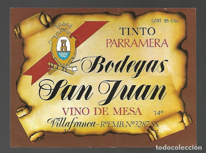Etiquetas antiguas: ETIQUETA VINO DE MESA TINTO PARRAMERA BODEGAS SAN JUAN. SIN PEGAR, IMPECABLE. A&Ntilde;OS 80