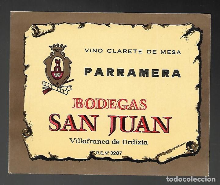 Etiquetas antiguas: ETIQUETA VINO VINO CLARETE PARRAMERA BODEGAS SAN JUAN. SIN PEGAR, IMPECABLE. A&Ntilde;OS 80
