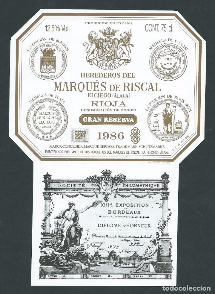 Etiquetas antiguas: antigua etiqueta vino marques de riscal gran reserva 1986 nueva!!
