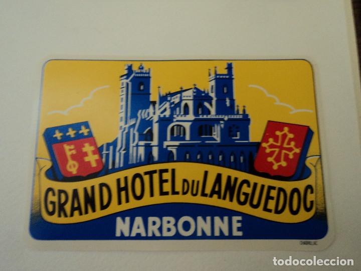 Etiquetas antiguas: ETIQUETA GRAND HOTEL DU LANGUEDOC, NARBONNE, FRANCIA, LUGGAGE LABEL, MEDIDAS 12 X 8 CM
