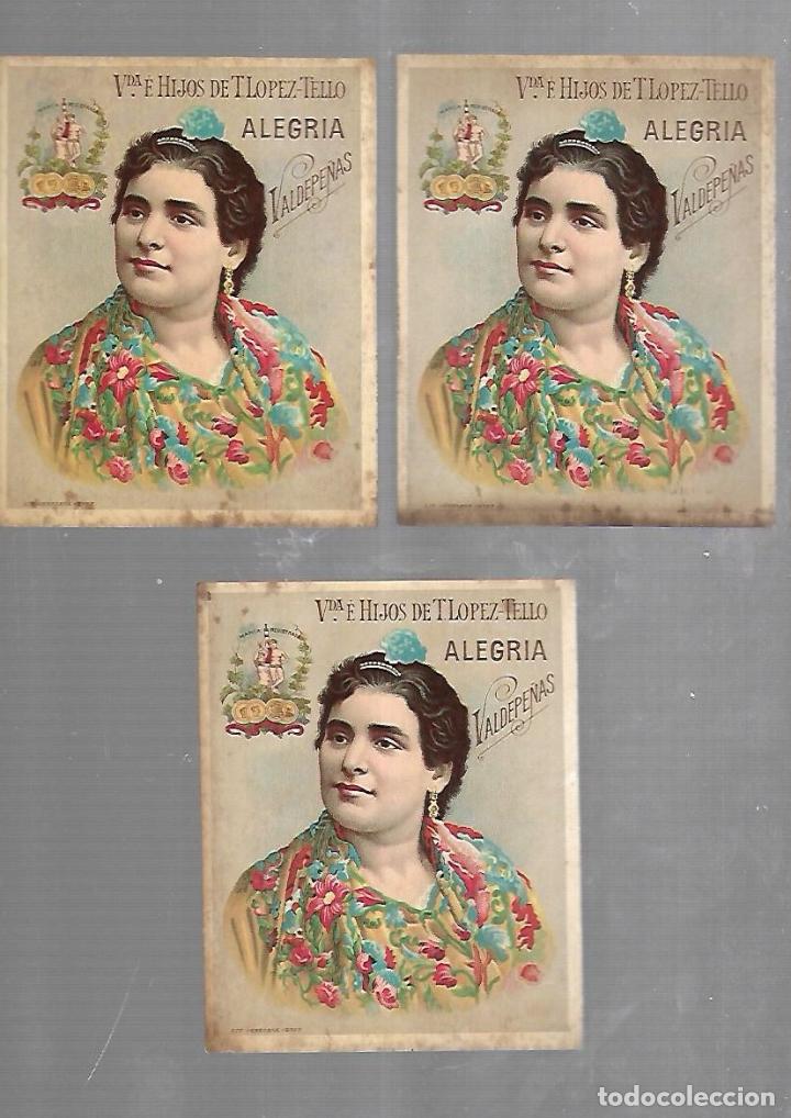 Etichette antiche: LOTE DE 3 ETIQUETAS. VDA. E HIJOS DE T.LOPEZ-TELLO. ALEGRIA VALDEPE&Ntilde;AS. 10 X 12CM
