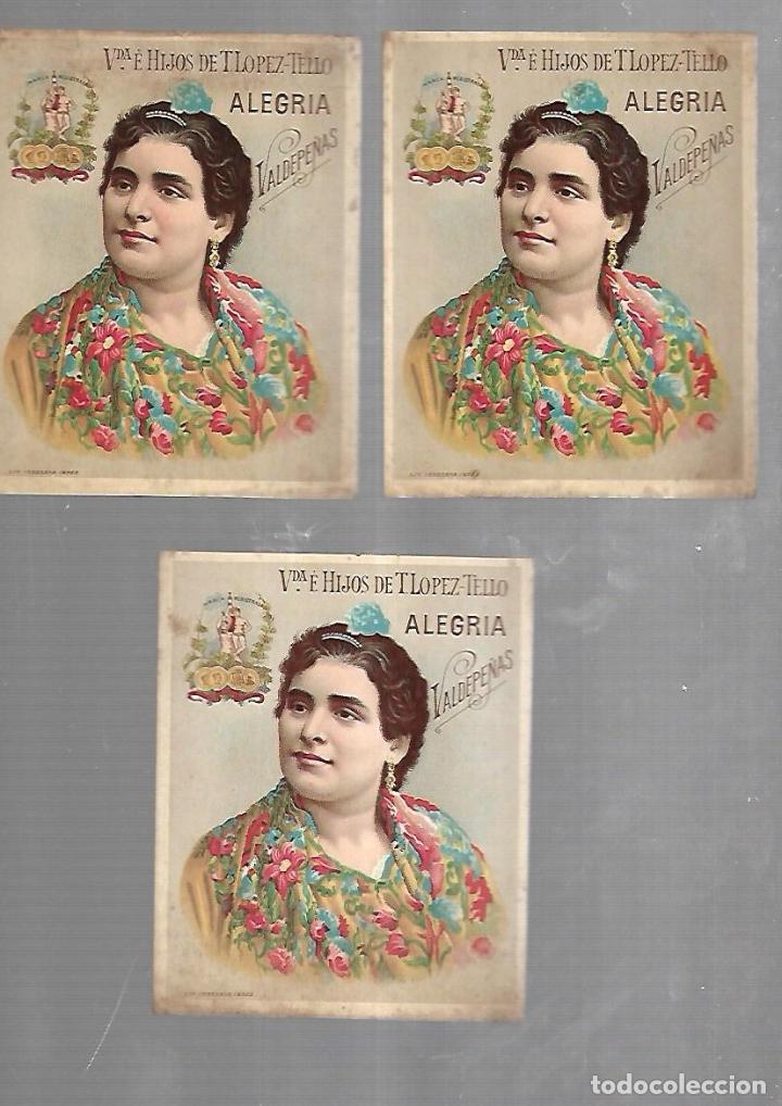 Etichette antiche: LOTE DE 3 ETIQUETAS. VDA. E HIJOS DE T.LOPEZ-TELLO. ALEGRIA VALDEPE&Ntilde;AS. 10 X 12CM
