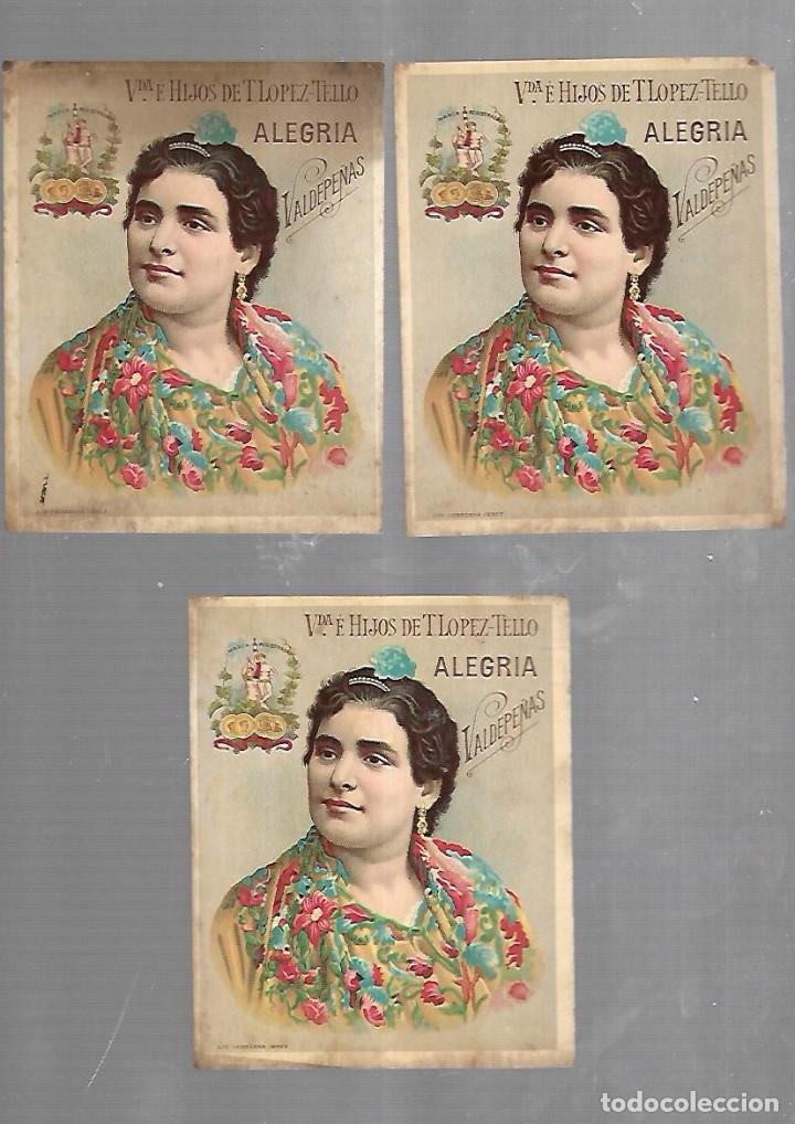 Etichette antiche: LOTE DE 3 ETIQUETAS. VDA. E HIJOS DE T.LOPEZ-TELLO. ALEGRIA VALDEPE&Ntilde;AS. 10 X 12CM