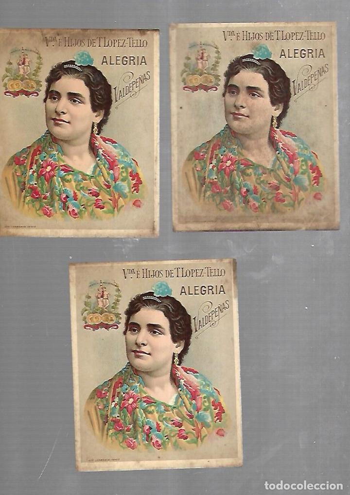 Etichette antiche: LOTE DE 3 ETIQUETAS. VDA. E HIJOS DE T.LOPEZ-TELLO. ALEGRIA VALDEPE&Ntilde;AS. 10 X 12CM