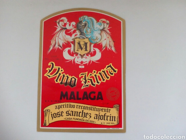 Etiquetas antiguas: ANTIGUA ETIQUETA VINO KINA. M&Aacute;LAGA.
