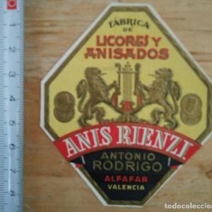 Etiqueta ANIS RIENZI Fábrica de licores y anisados - Antonio Rodriguez Alfafar Valencia