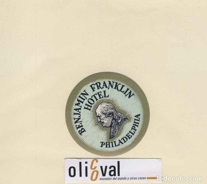 Etiquetas antiguas: ETIQUETA HOTEL PHILADELPHIA U.S.A. HOTEL BENJAMIN FRANQLIN TROQUEL 68 mm EH418-104