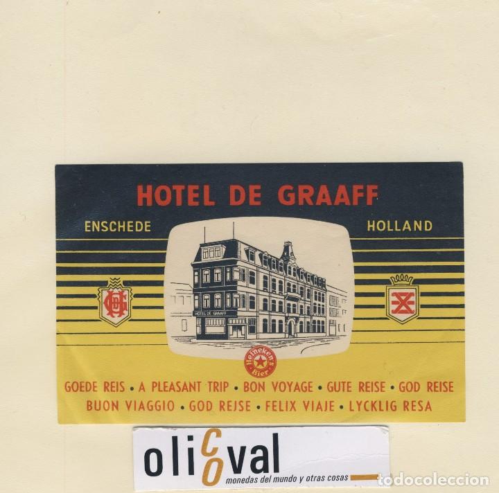 Etiquetas antiguas: ETIQUETA HOTEL ENSCHEDE  HOLLAND HOTEL DE GRAAFF ILUSTRACION 130 X 82 - mm EH418-117