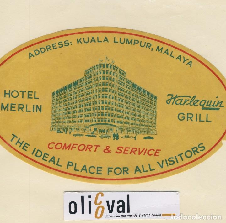 Etiquetas antiguas: ETIQUETA HOTEL  KUALA LUMPUR MALAYA HOTEL  MERLIN ILUSTRACION 175 X 110 - mm EH418-116