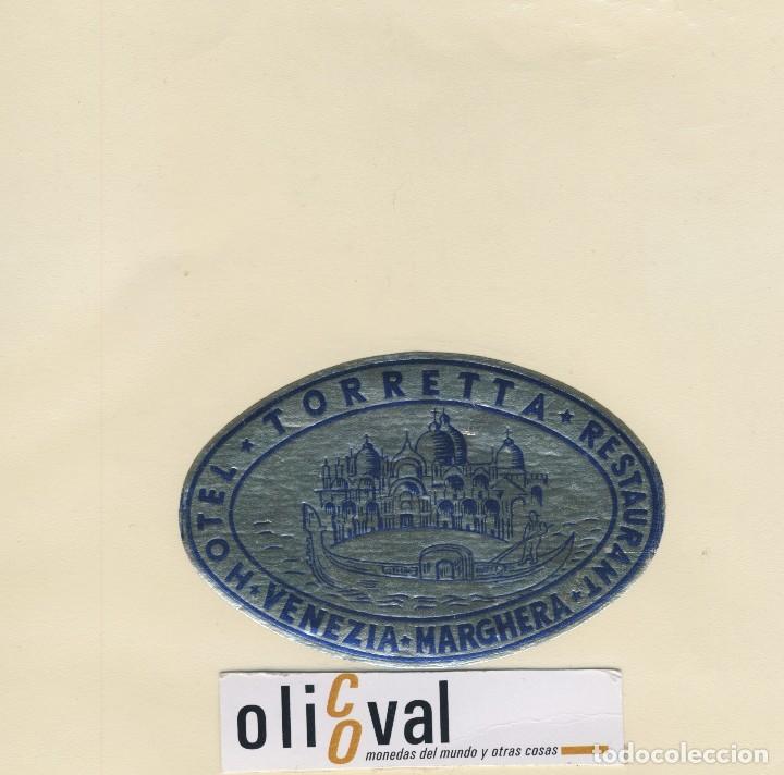 Etiquetas antiguas: ETIQUETA HOTEL- VENEZIA HOTEL TORRETA MARGHERA  DORADA Y AZUL  OVAL 100 mm EH418-143