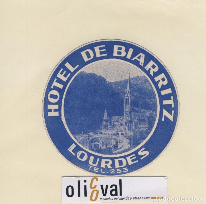 Etiquetas antiguas: ETIQUETA HOTEL LOURDES FRANCIA HOTEL DE BIARRIZ ILUSTRACION TROQUEL 105 mm EH418-157