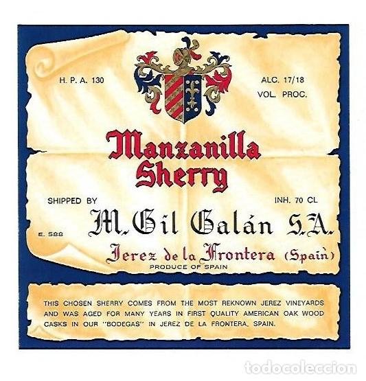 Old Labels: ETIQUETA DE VINO. MANZANILLA SHERRY. M.GIL GALAN S.A. JEREZ DE LA FRONTERA