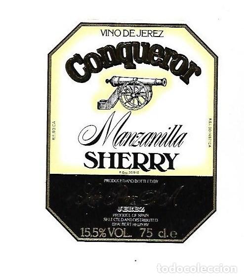 Etiquetas antigas: ETIQUETA DE VINO. MANZANILLA SHERRY. CONQUEROR. LUIS PAEZ S.A.